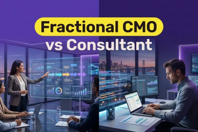 Visual comparison of a strategic Fractional CMO and a tactical Growth Consultant in a modern office.