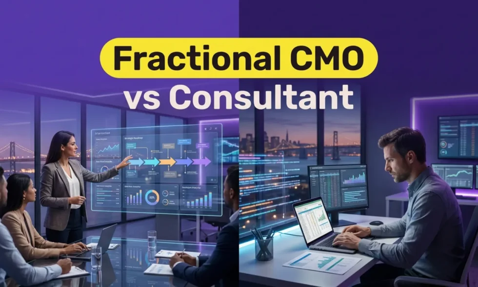 Visual comparison of a strategic Fractional CMO and a tactical Growth Consultant in a modern office.