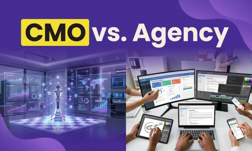 Visual comparison of Fractional CMO strategic leadership versus marketing agency tactical execution.
