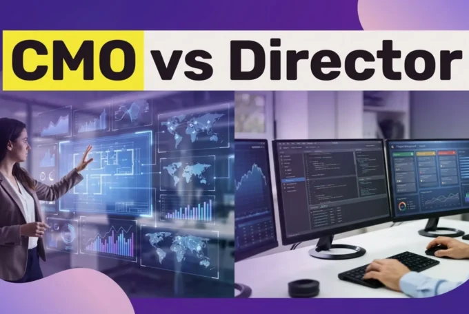 Modern office scene contrasting Fractional CMO strategy with Marketing Director execution.