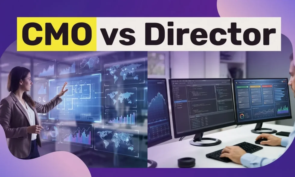 Modern office scene contrasting Fractional CMO strategy with Marketing Director execution.