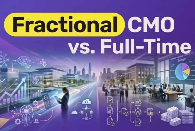 Visual comparison of fractional CMO and full-time CMO roles, highlighting strategic advantages for B2B SaaS.