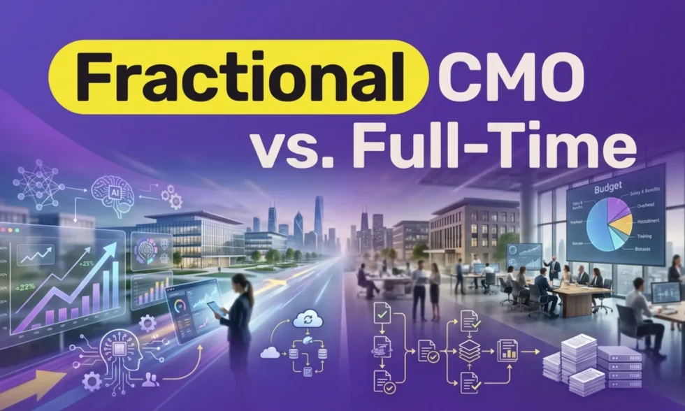 Visual comparison of fractional CMO and full-time CMO roles, highlighting strategic advantages for B2B SaaS.
