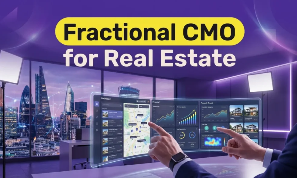 Digital dashboard displaying real estate analytics, property trends, and CRM data led by a Fractional CMO.