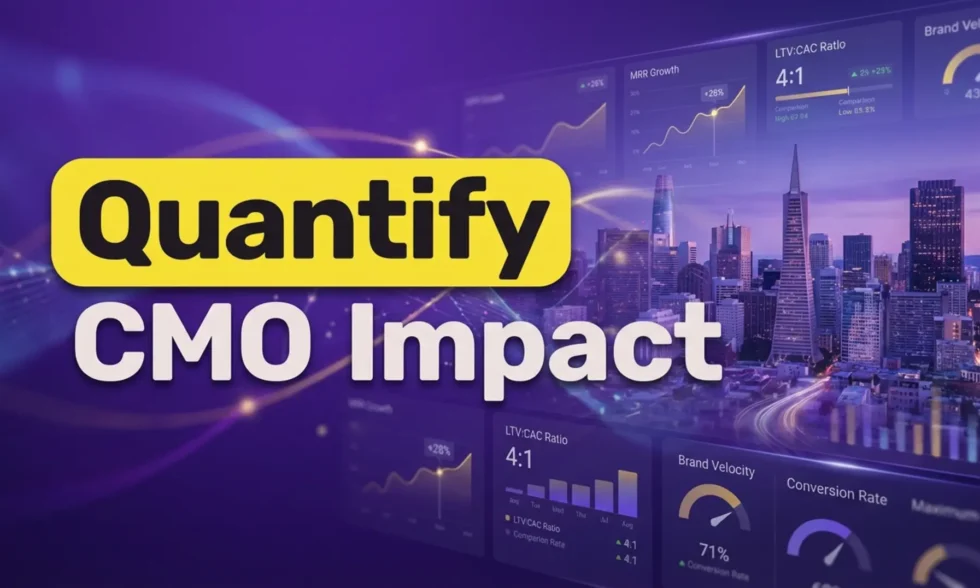 Digital dashboard showing fractional CMO results in a modern San Francisco tech setting.