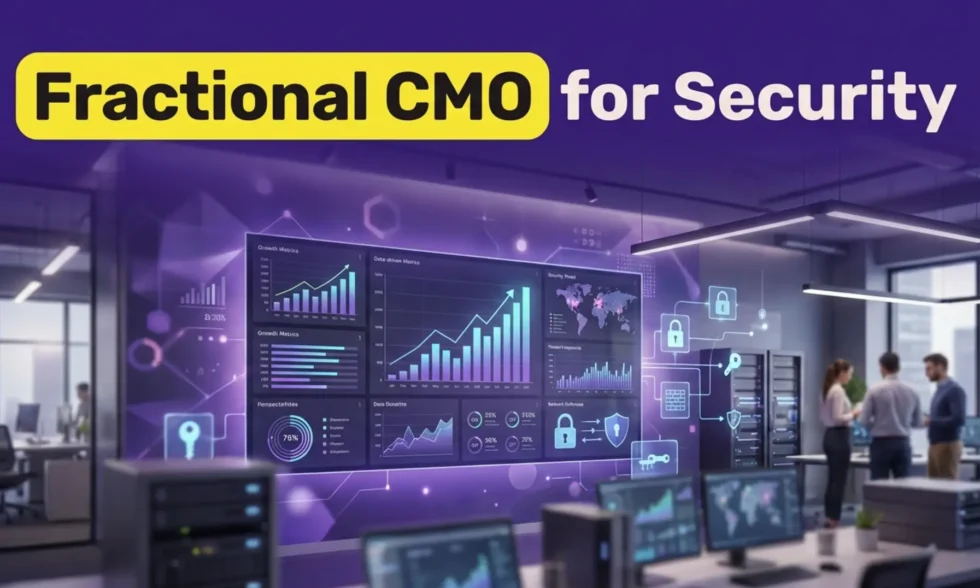 A strategic dashboard with growth metrics and cybersecurity visuals, highlighting a fractional CMO's role.