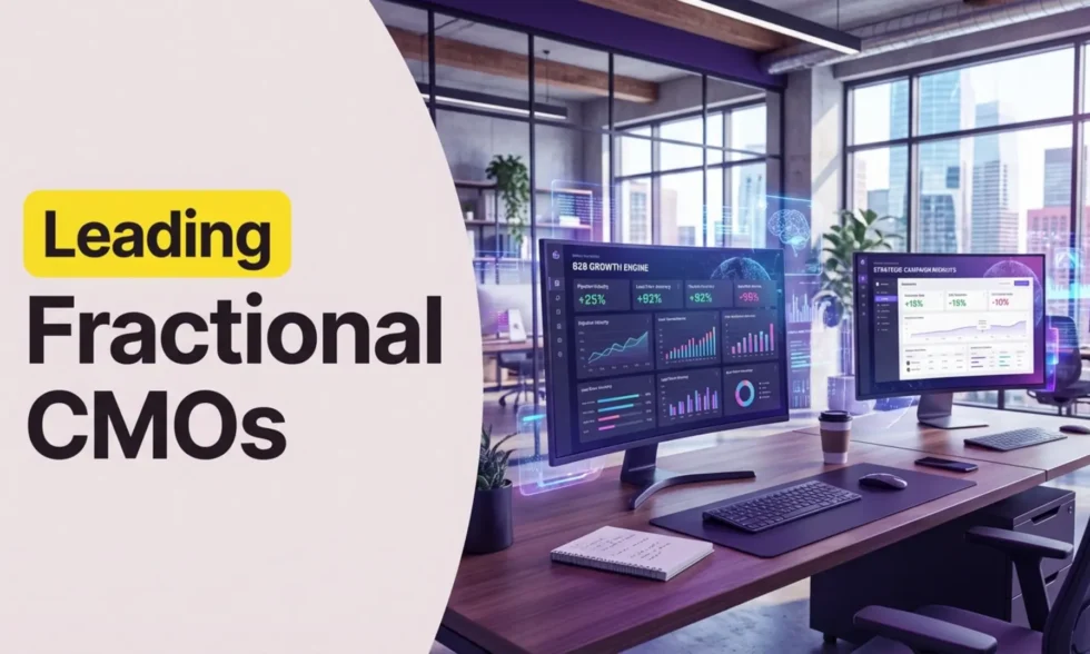 Modern desk showing leading fractional CMO strategies for B2B SaaS growth.