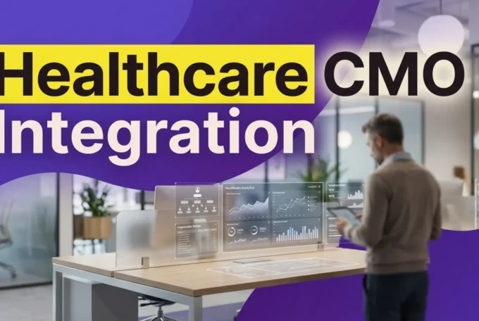Modern office scene with "Healthcare CMO Integration" text, symbolizing compliant growth.