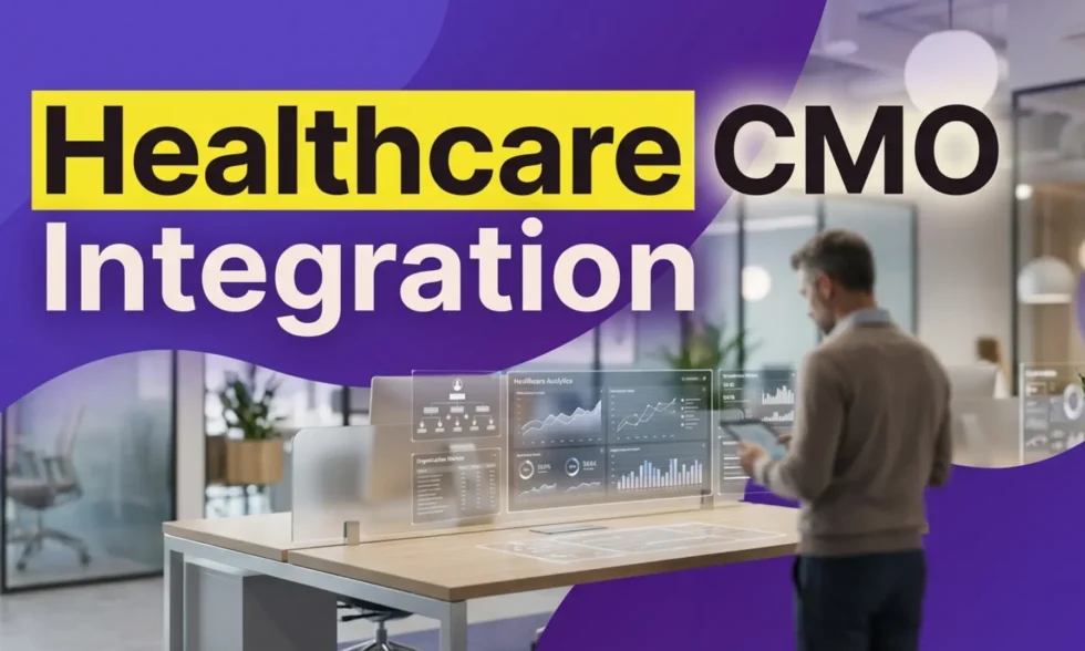 Modern office scene with "Healthcare CMO Integration" text, symbolizing compliant growth.